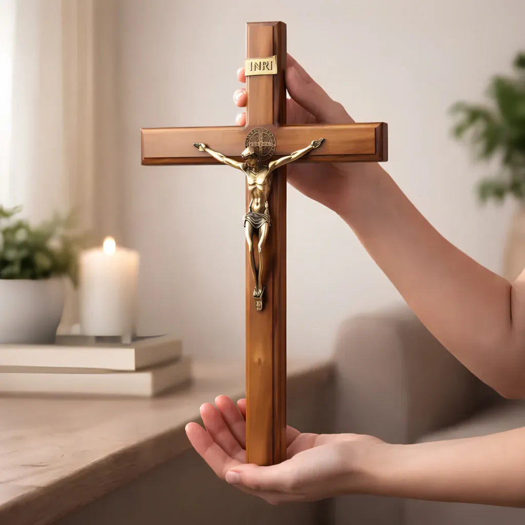 Crucifixo de Madeira Nobre com Medalha São Bento 40x23cm