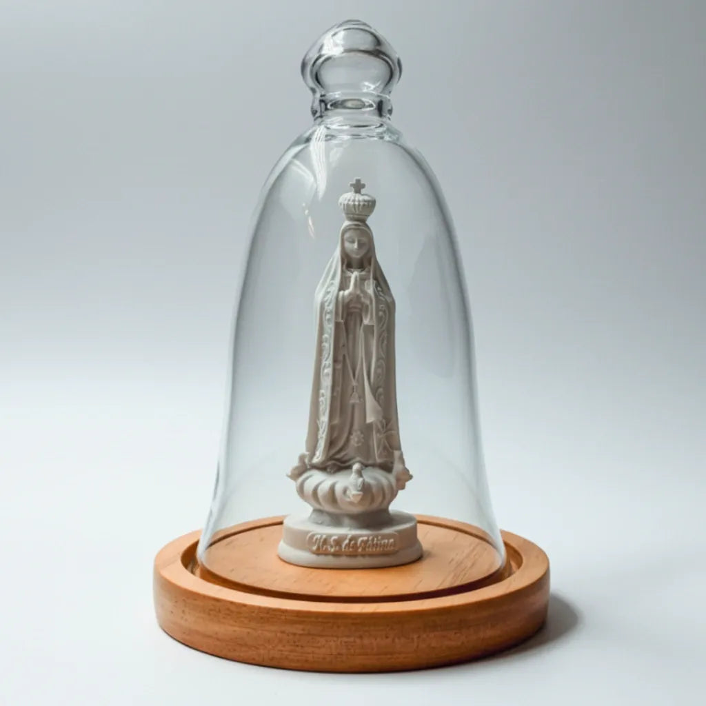 Nossa Senhora Fátima Em Cupula De Vidro E Base De Madeira