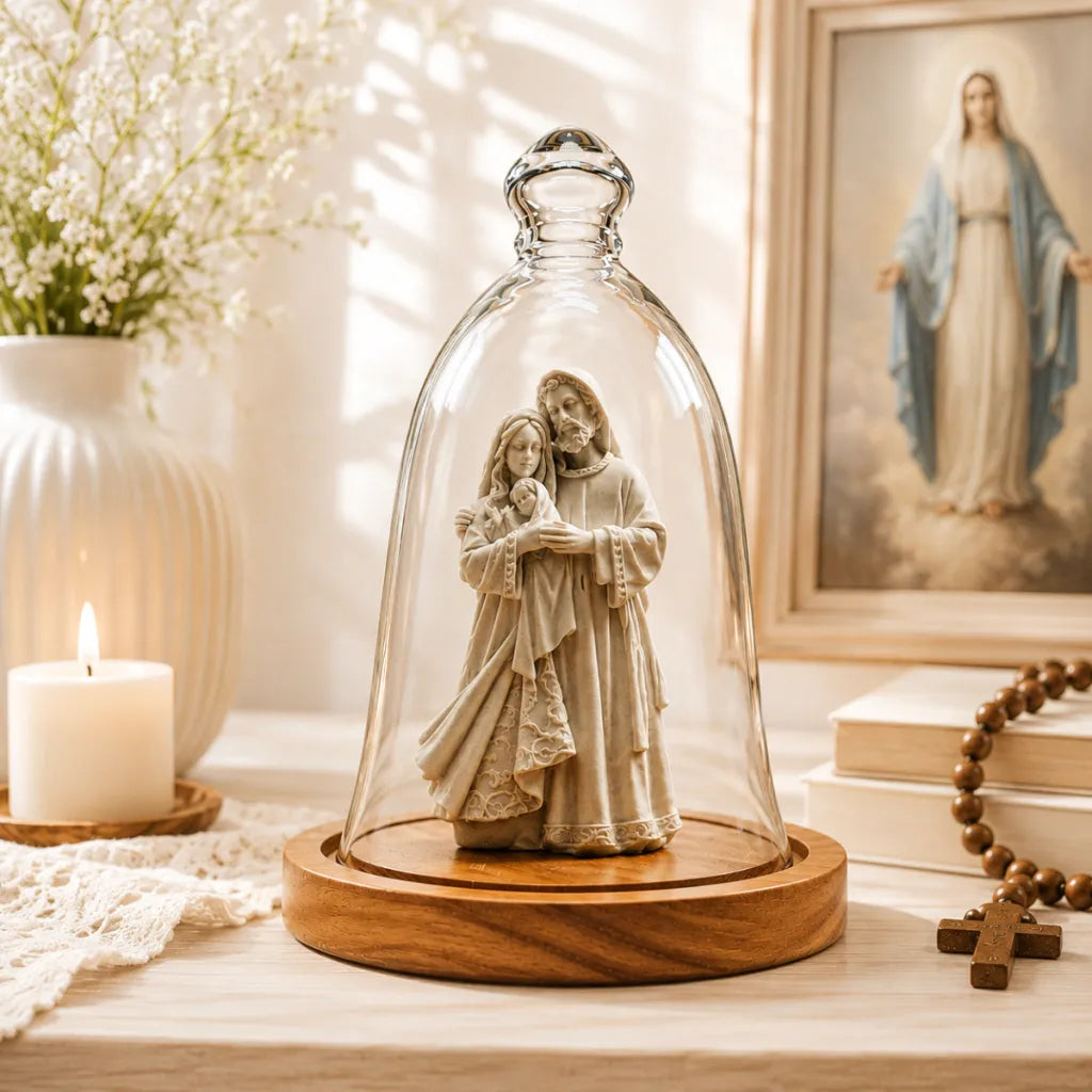 Sagrada Família Afetuosa de Mármore em Cúpula de Vidro e Madeira