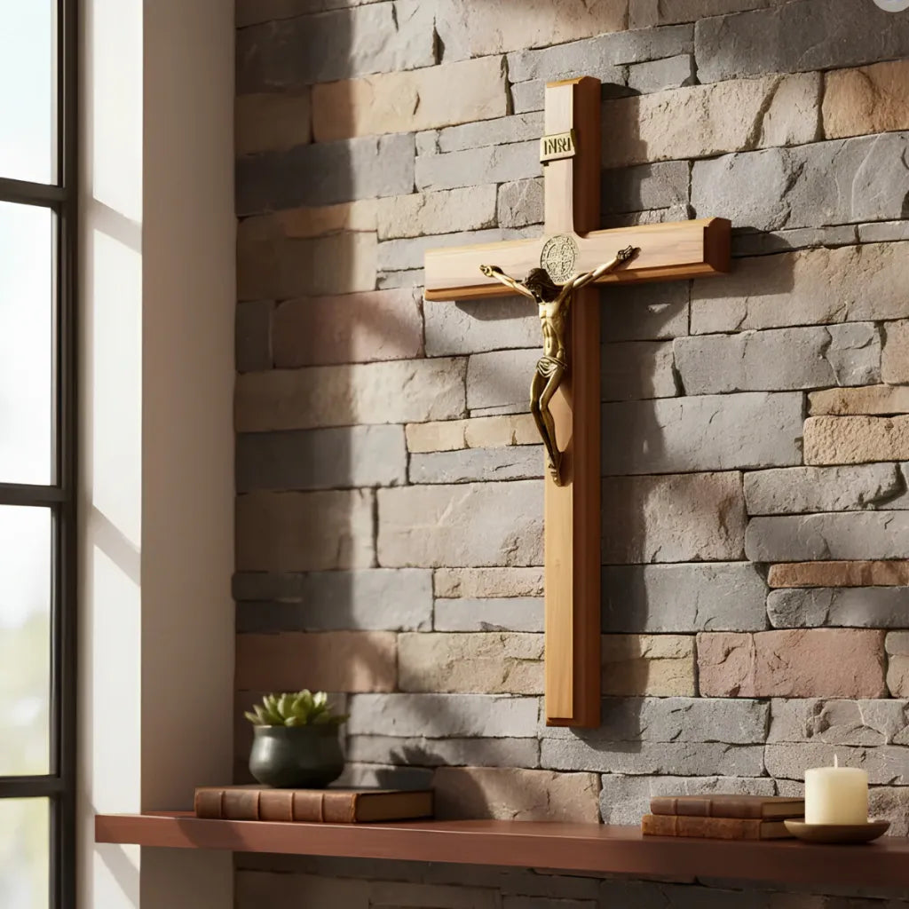 Crucifixo de Madeira Nobre com Medalha São Bento 40x23cm