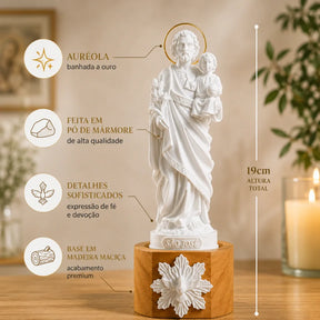 São José em Mármore com Auréola Banhada a Ouro e Base de Madeira