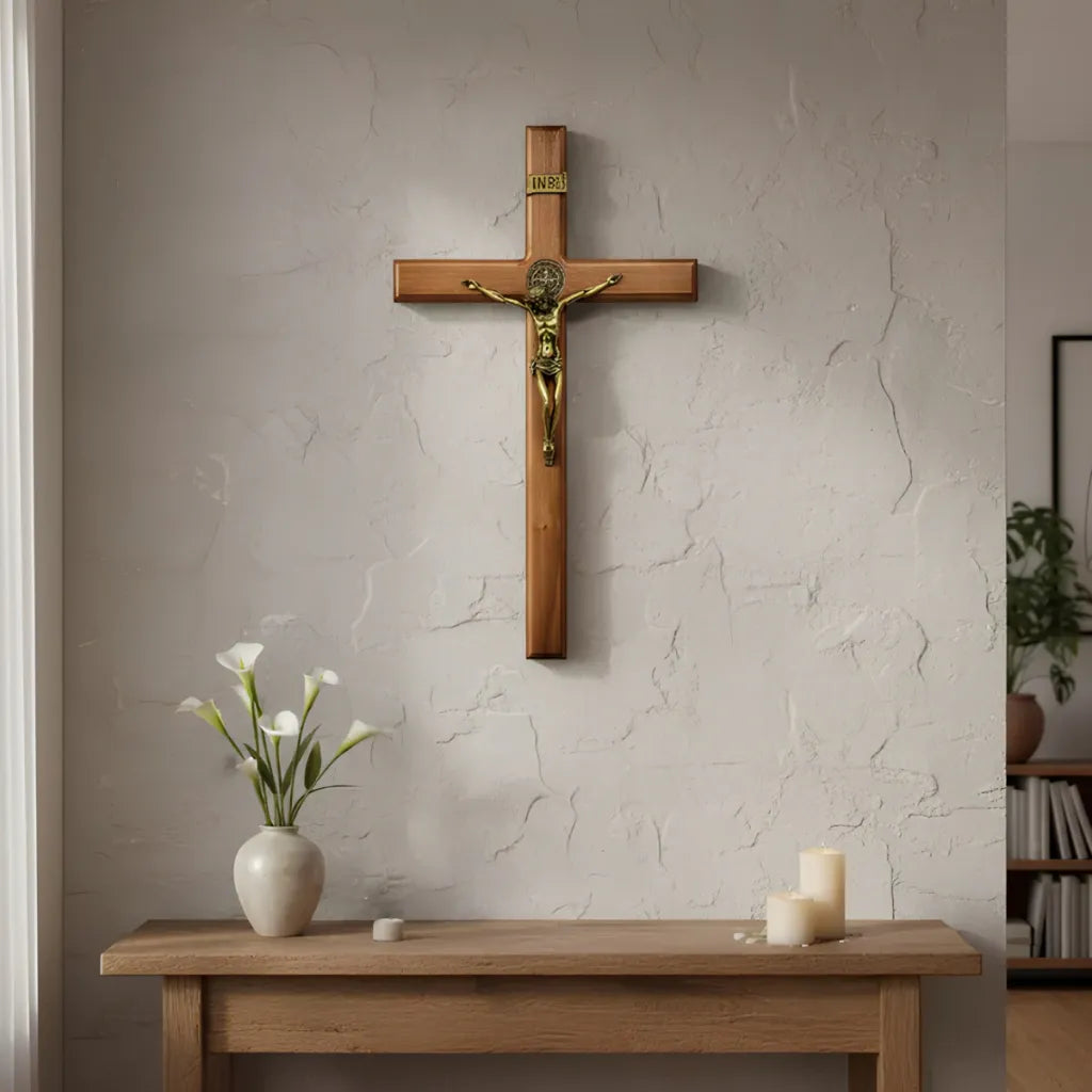 Crucifixo de Madeira Nobre com Medalha São Bento 40x23cm