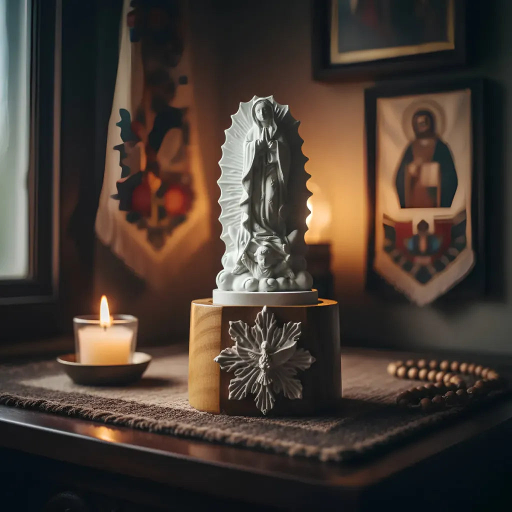Nossa Senhora De Guadalupe Pó De Mármore Base Madeira