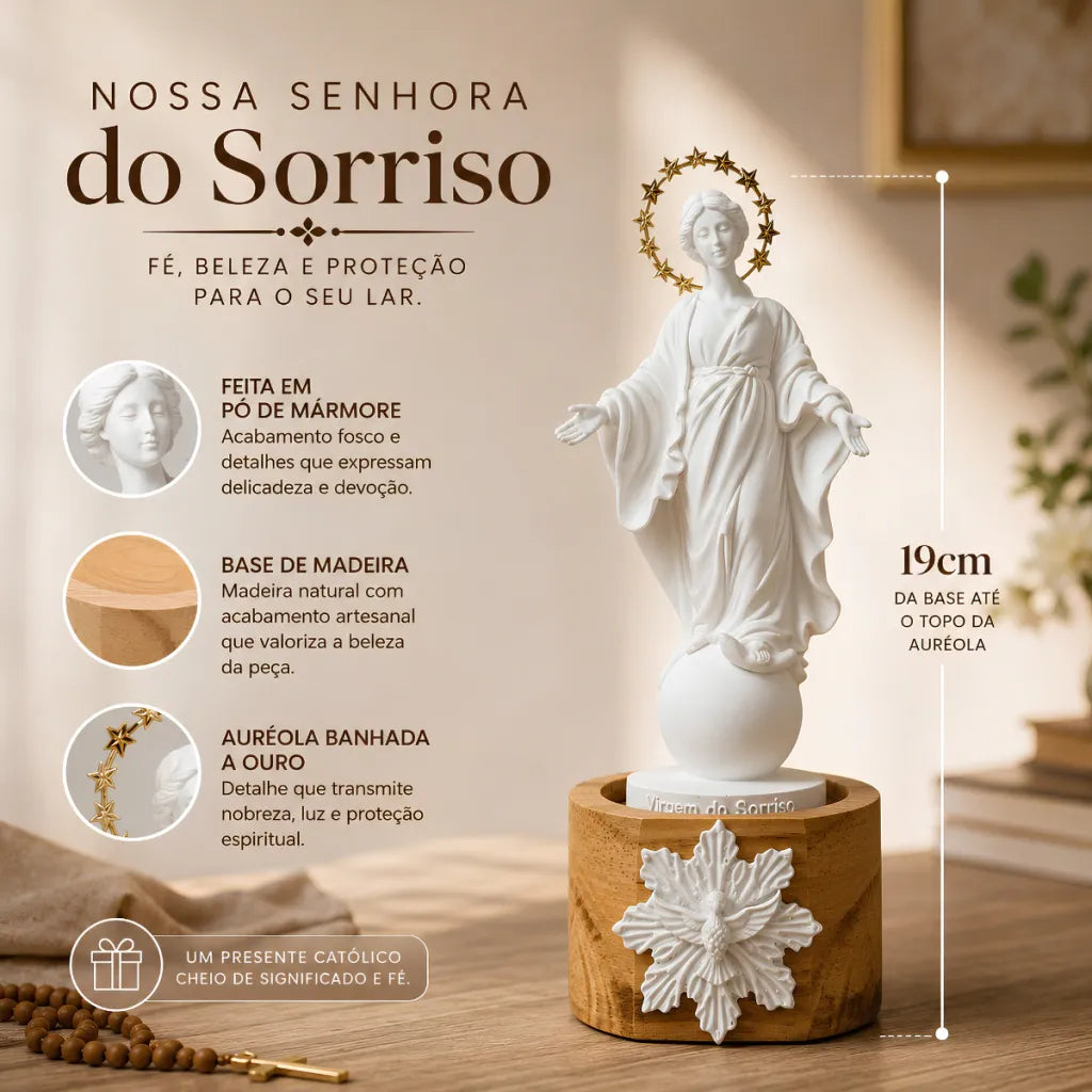 Nossa Senhora do Sorriso Estátua de Pó de Mármore Auréola Banhada a Ouro