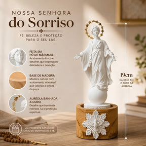 Nossa Senhora do Sorriso Estátua de Pó de Mármore Auréola Banhada a Ouro
