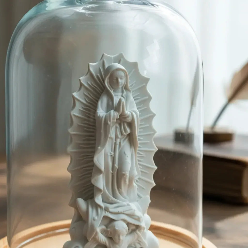 Nossa Senhora Guadalupe Em Cupula De Vidro E Base De Madeira