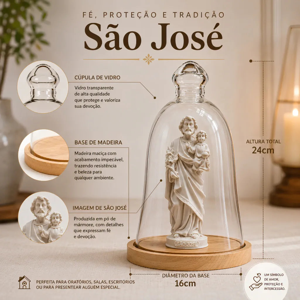 São José de Pó de Mármore em Cúpula de Vidro e Base de Madeira