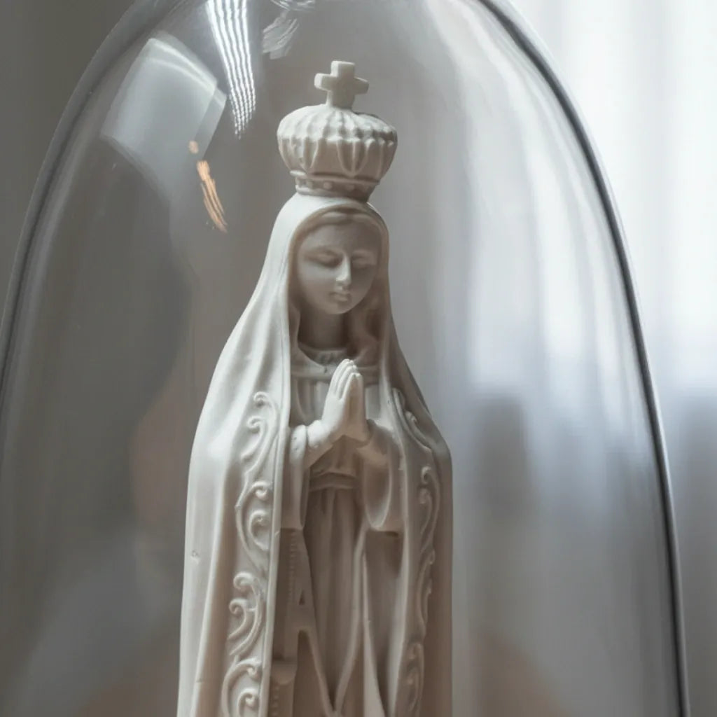 Nossa Senhora Fátima Em Cupula De Vidro E Base De Madeira
