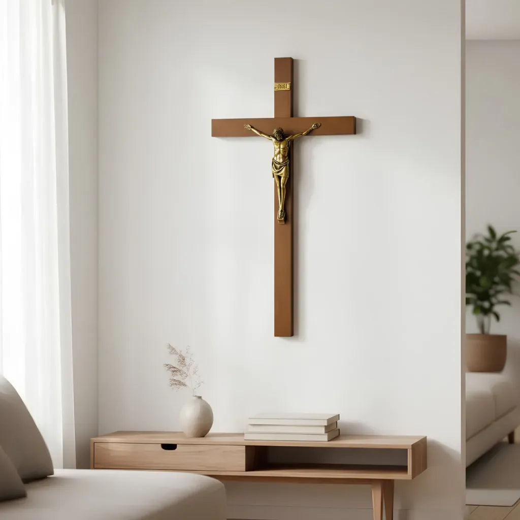 Crucifixo de Parede em Madeira Imbuia Cristo Realista 45x25 cm