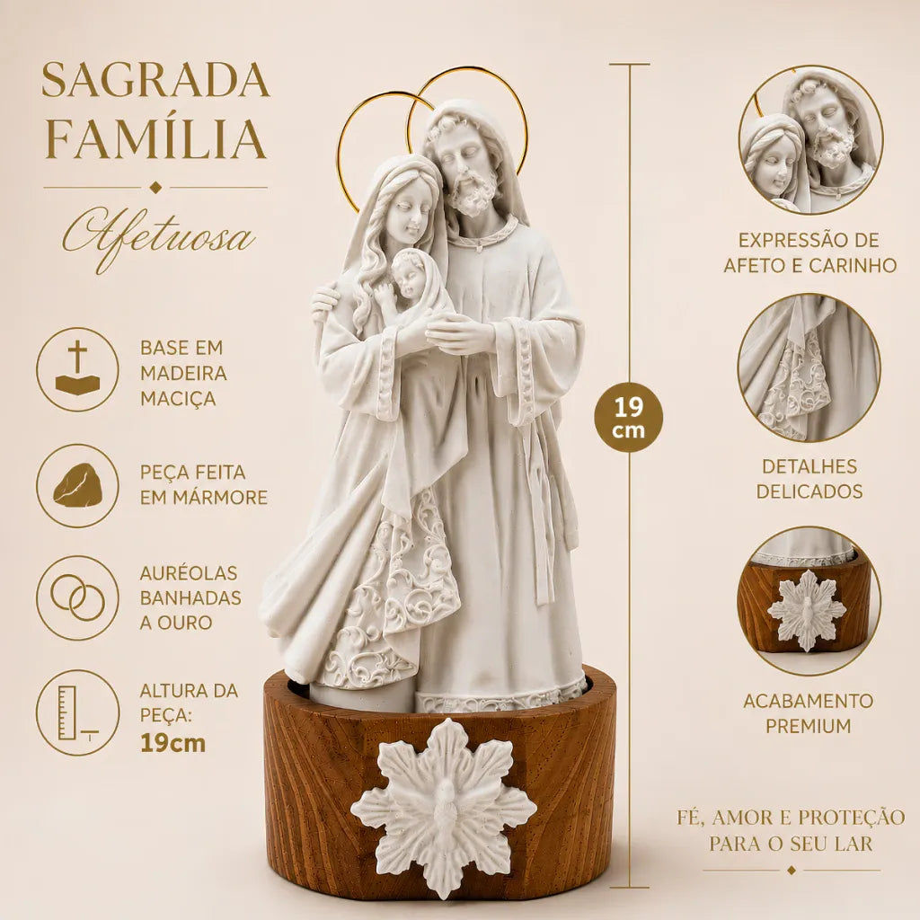 Sagrada Família Afetuosa em Pó de Mármore com Auréola Banhada a Ouro