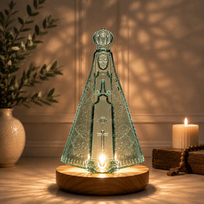 Nossa Senhora Aparecida Iluminada em Vidro Artesanal e Base de Madeira